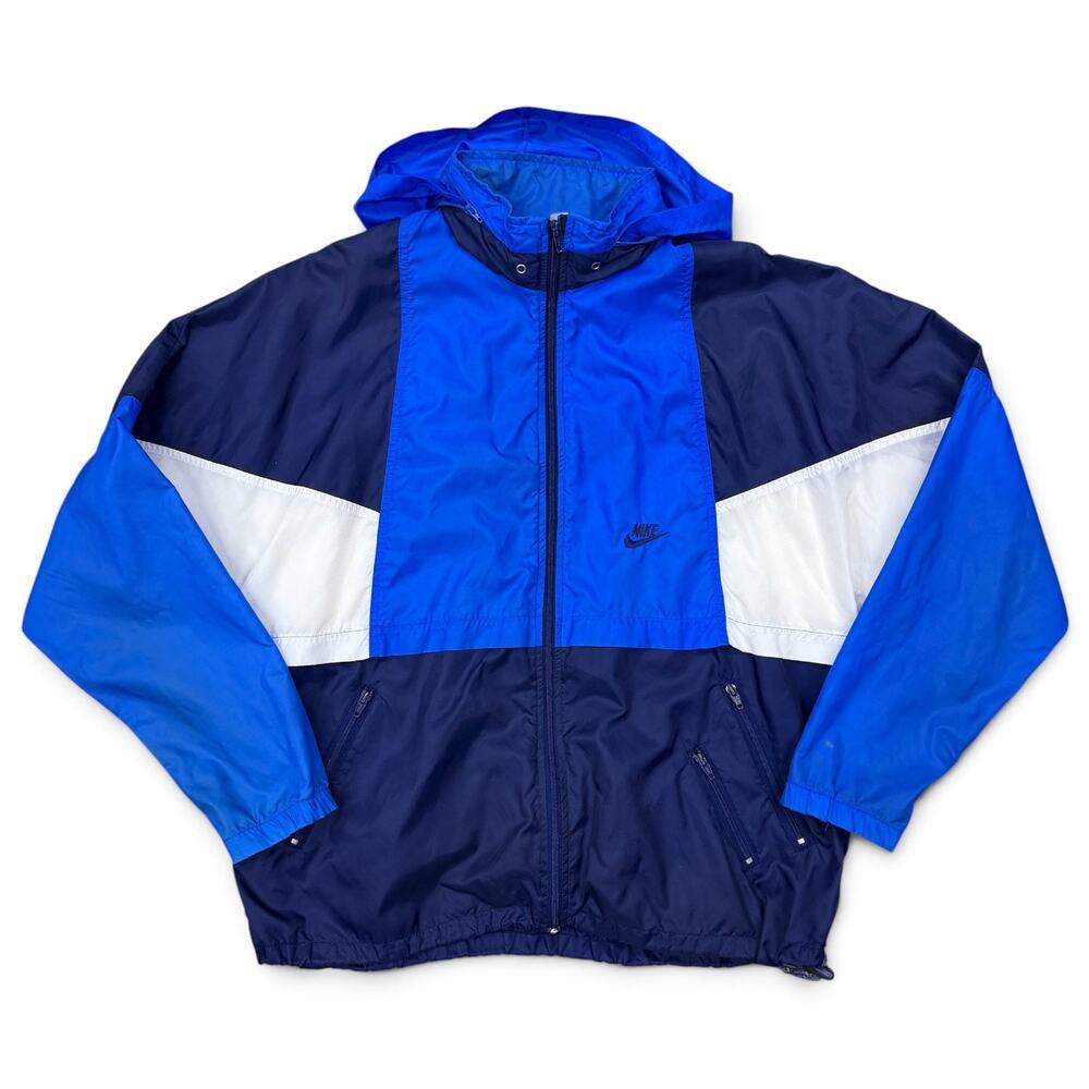 Vintage 80s 90s Nike Full Zip Windbreaker Jacket Blue White Colorblock Hooded XL
